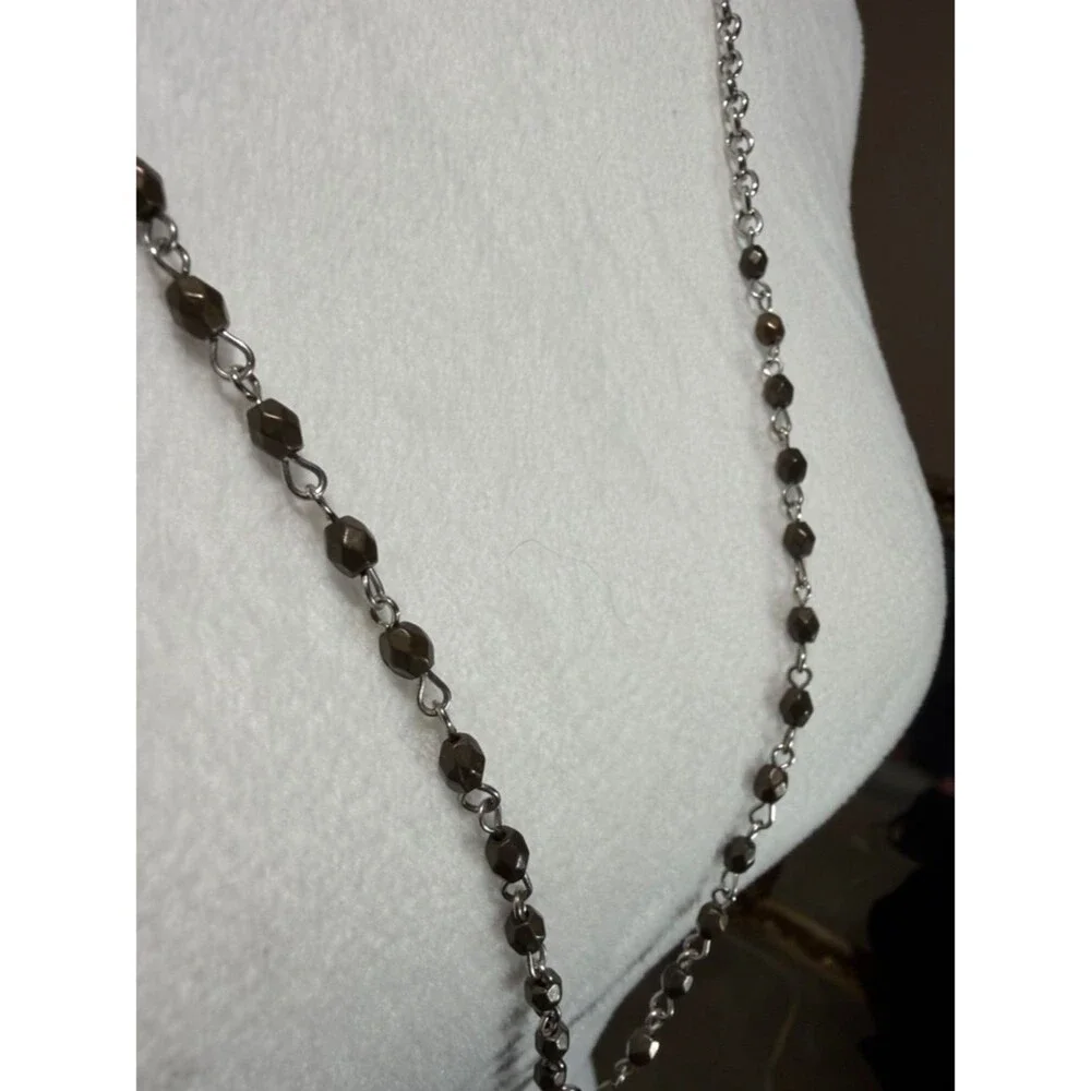 American Eagle Long Beaded Feather Necklace Boho Brown Silver Tone Tassel